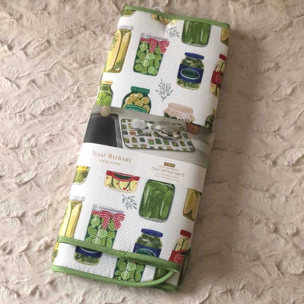 Isaac Mizrahi White Dish Drying Mats with Pickle Jar Print